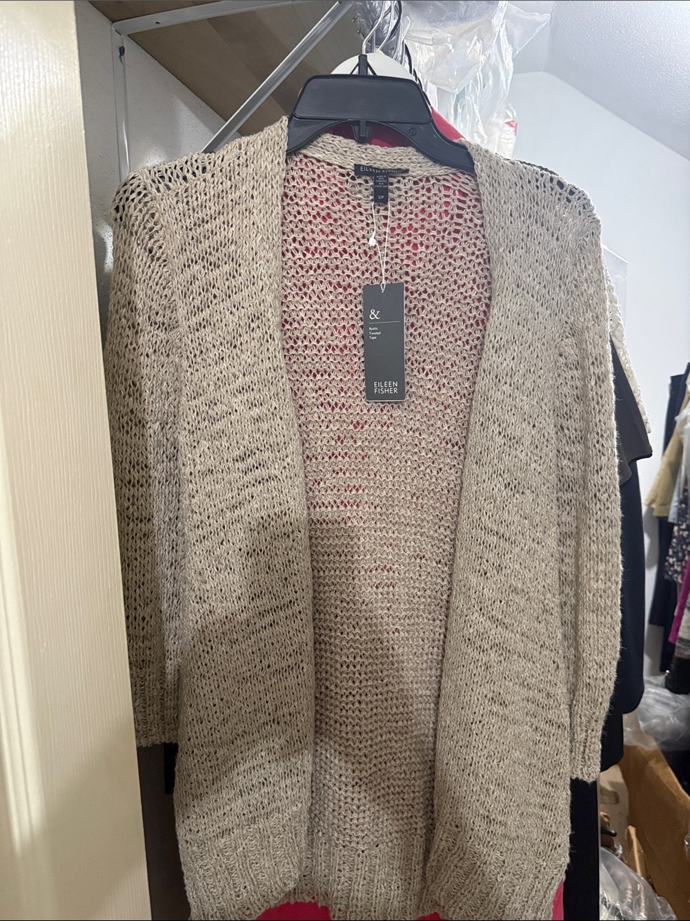 New Eileen Fisher Open Knit Cardigan Sweater in Oatmeal Sz S rustic twisted tape